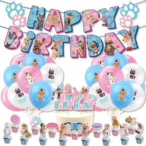 Cat themed birthday party kit with happy birthday banners, cake toppers and balloons