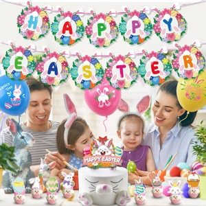 Kit décoration de fête de Pâques avec bannière Happy Easter, ballons et toppers