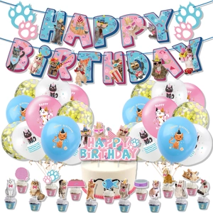 Cat theme birthday party decoration set with happy birthday banner balloons and cake toppers