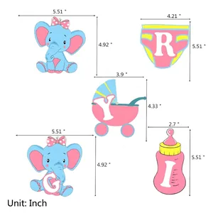 Bannières de fête prénatale avec formes d'éléphant, de poussette et de biberon en bleu et rose