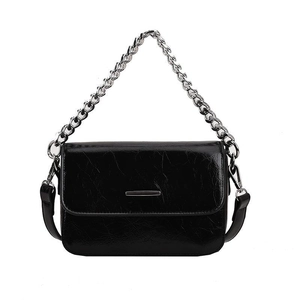 Chic black crossbody bag with silver chain handle and glossy cracked PU leather finish