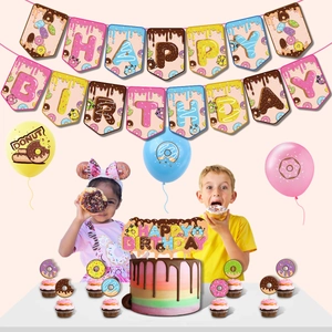 Donut themed birthday party decoration set with happy birthday banner and colorful balloons