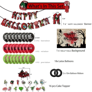 Detailed set of zombie Halloween party supplies including banners, balloons, and backdrop