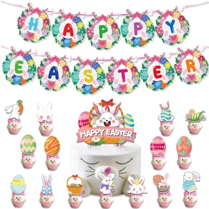 Kit déco fête Joyeuses Pâques avec banderole, décorations gâteaux et motifs lapins