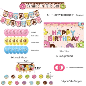 Detailed component list of donut birthday party decorations set with banner and balloons