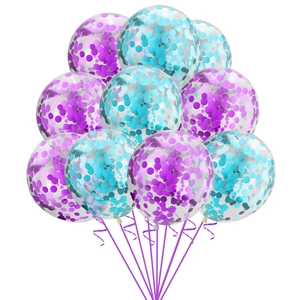 Detail of 12-inch clear latex balloons filled with purple and teal sequins for party decor