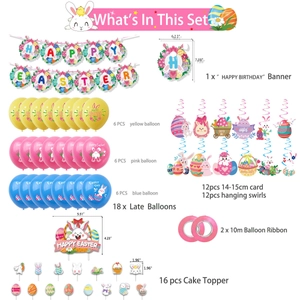 Kit décoration de Pâques avec bannière Happy Easter, ballons colorés et pics à gâteaux