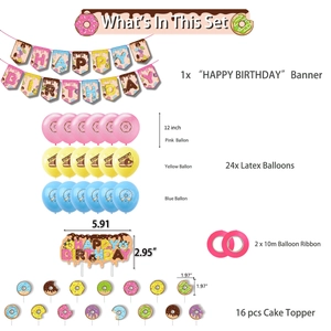Detailed donut birthday party kit including happy birthday banner, balloons, and cake toppers