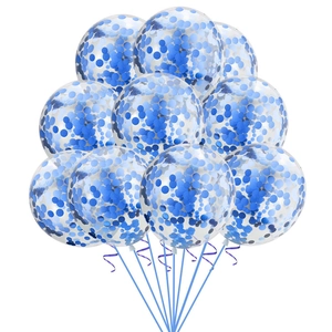 Detail of 10 clear latex balloons filled with blue confetti and matching ribbons
