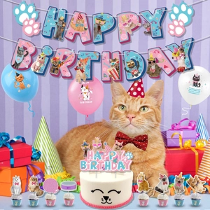 Cat themed birthday party decoration set with banners, balloons and cake toppers