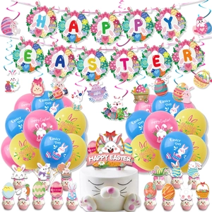 Ensemble de Décorations de Fête de Pâques Bannière Happy Easter Ballons en Latex Décorations de Gâteau Spirales Suspendues Fournitures