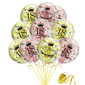10-piece transparent 18th birthday confetti balloons with crown and gold ribbon