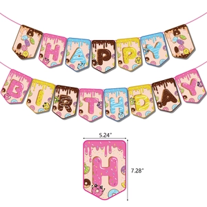 Detailed view of donut themed Happy Birthday banner with specific dimensions 5.24x7.28 inches
