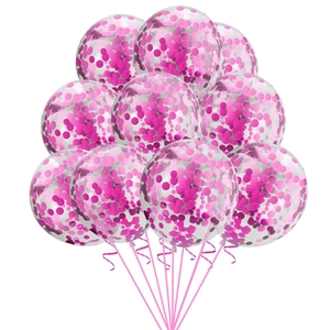 Cluster of transparent latex balloons with peach pink sequins and matching ribbons