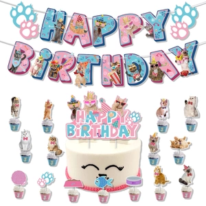 Cat themed birthday party decoration set with banners, cake toppers and cute kitten motifs