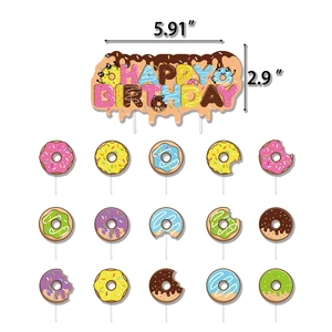 Donut themed cake toppers set with Happy Birthday banner and colorful party picks