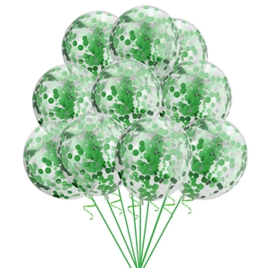 Close-up of 10 transparent latex balloons with green confetti and matching ribbons