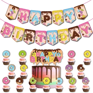 Donut themed birthday party decoration set with Happy Birthday banner and cupcake toppers