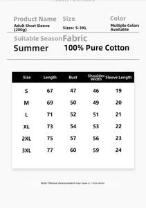 Detailed size chart for 100% cotton short sleeve t-shirt ranging from S to 3XL