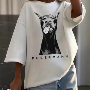 T-Shirt Ample en Pur Coton pour Femmes Imprimé Graphique Doberman Oversize Manches Courtes Col Rond Streetwear