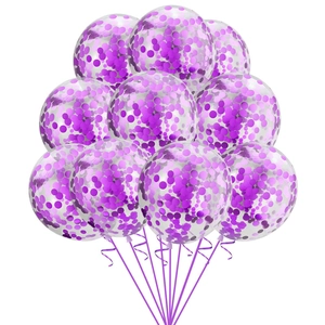 Detail of transparent latex balloons with purple sequins and ribbons for party decor