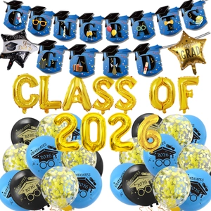 2026 graduation party decoration set with Congrats Grad banner and gold foil balloons