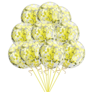 Detail of 12-inch clear latex balloons with gold confetti and golden swirl ribbons
