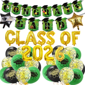 2026 Class of Congrats Grad party decoration set with green black gold balloons and banners