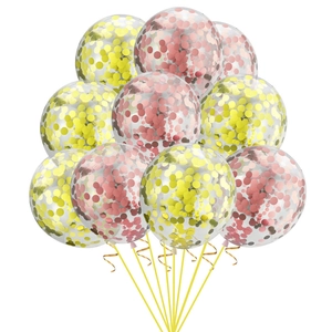 Detailed view of clear latex balloons with gold confetti sequins and matching ribbons
