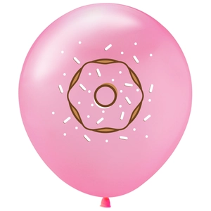 Detailed view of pink latex balloon with sweet donut pattern for birthday party decor