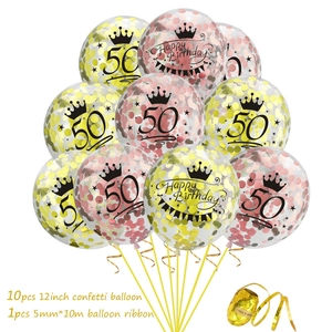 10pcs 12-inch clear 50th birthday balloons with gold confetti and crown prints