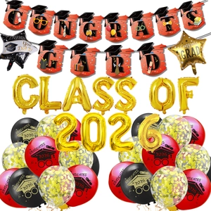 2026 graduation party decor set with red congrats banners and gold number balloons