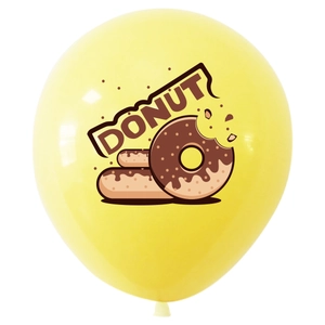 Close-up of a yellow latex balloon with cartoon chocolate donut graphics and Donut text