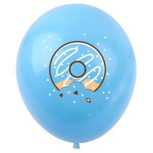 Sky blue latex balloon featuring a cartoon bitten donut print for birthday party decor