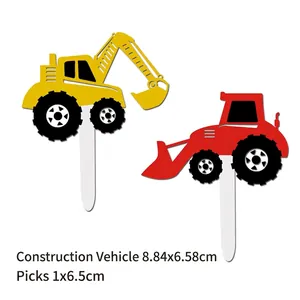 Décorations de gâteau engins de chantier avec pelleteuse jaune et tracteur rouge pour fêtes