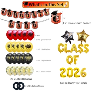 Detail view of 2026 graduation party kit with Congrats banner and colorful balloons