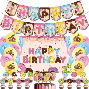 Donut Birthday Party Decoration Set Happy Birthday Banner Cake Toppers Latex Balloons Backdrop For Kids Sweet Party Supplies