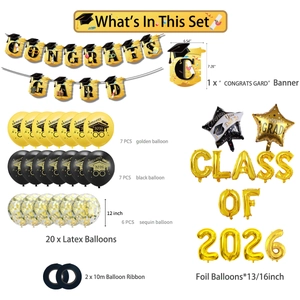 Detailed set of Congrats Grad banner, Class of 2026 foil balloons and latex balloons