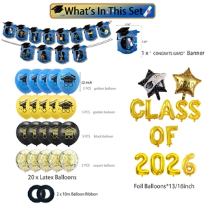 Detailed set of 2026 graduation party supplies including banners, balloons and ribbons