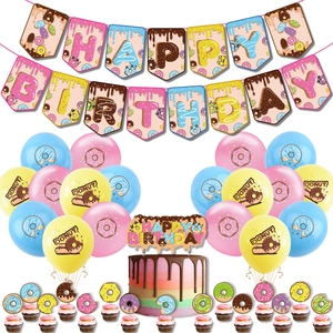 Colorful donut themed birthday party decoration set with banners, balloons and cake toppers