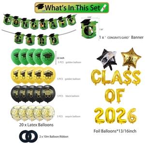 Detailed set of Class of 2026 party decorations with green balloons and congrats banners