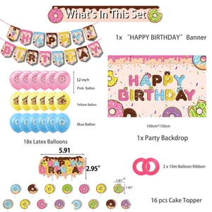 Donut birthday party decoration set with backdrop, banners, balloons and cake toppers