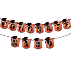 Close-up of black CONGRATS GRAD graduation banners with academic hats and party icons
