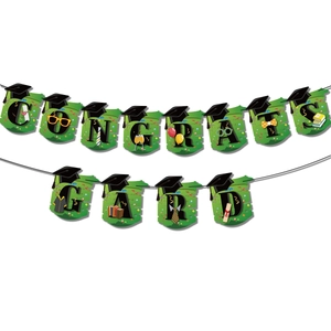 Close-up of CONGRATS GRAD graduation banner with green flags and mortarboard icons