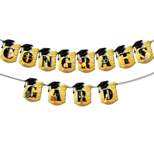 Detailed view of Congrats Grad banners with graduation cap icons and party decorations