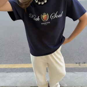 T-shirt en coton bleu marine style urbain avec motif Rich Soul et emblème couronne