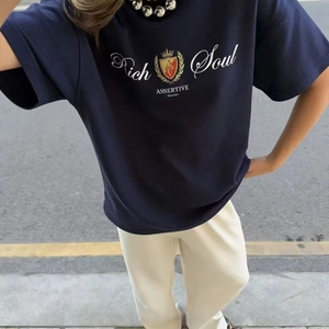 T-shirt en coton bleu marine style hip-hop avec imprimé Rich Soul et motif couronne