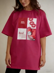 Detail of rose red cotton t-shirt featuring mon cheri and red car four-grid graphic print
