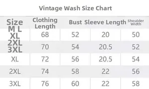 Size chart for washed black cotton t-shirt showing measurements from M to 3XL