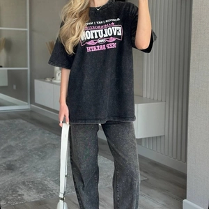 T-Shirt en Coton Acid Wash Rétro Américain pour Femmes Oversize Imprimé Graphique Manches Courtes Été Haut Large Noir Lavé